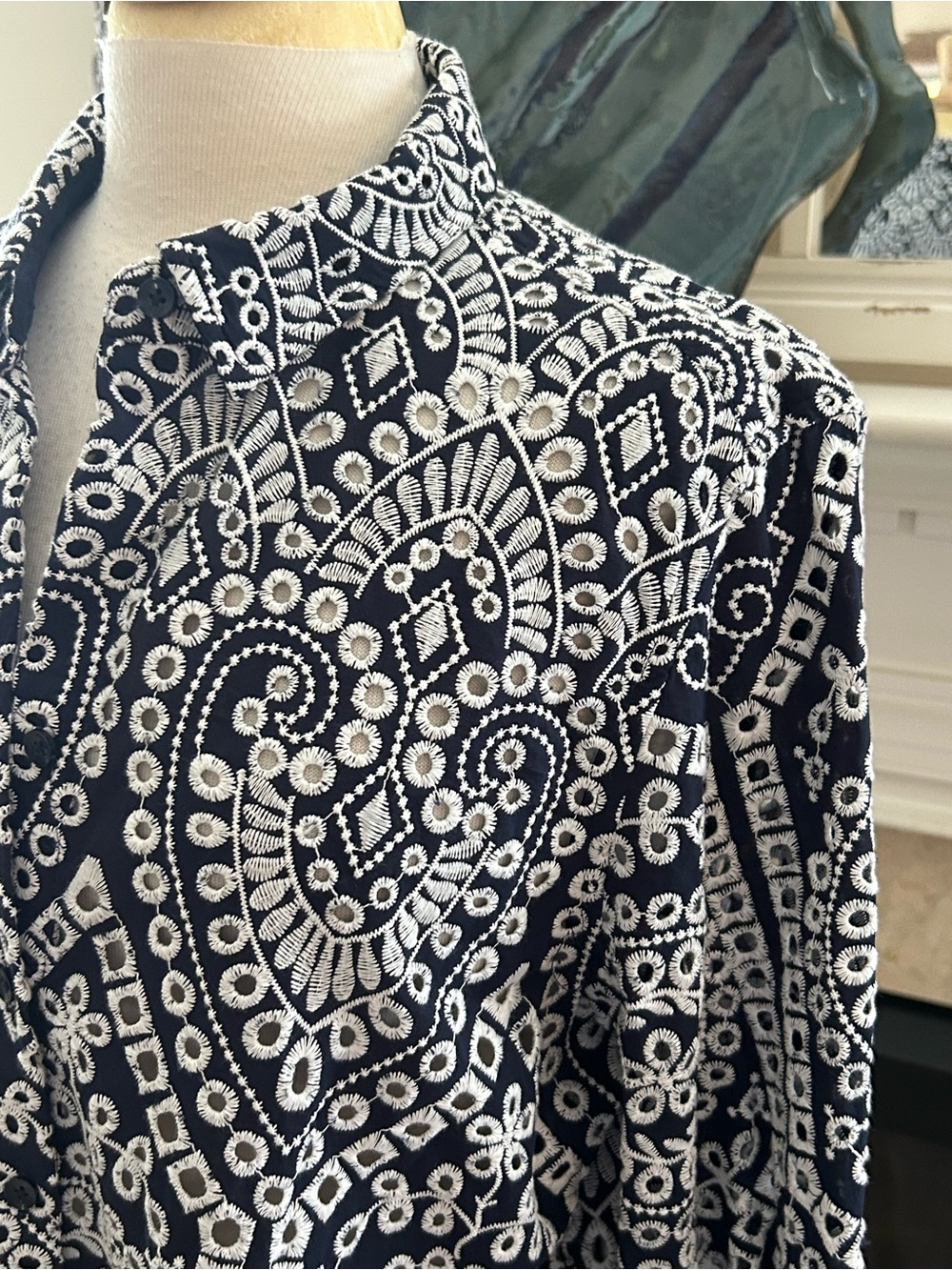 Chico's Navy and White Eyelet-Print Billowy Button Shirt - Picture 7 of 12